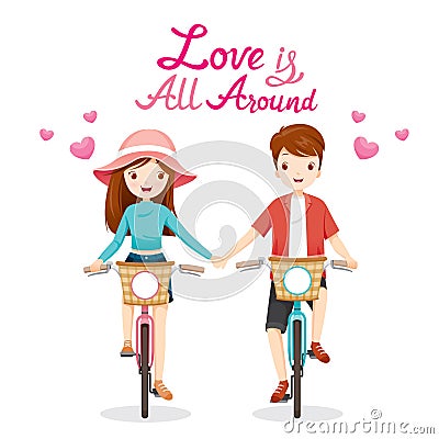 Man And Woman Riding Bicycle, Clasping Hands, Love Is All Around Vector Illustration